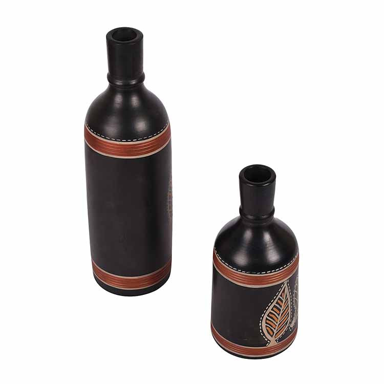 Vase Earthen Black Bottle Madhubani - Set of 2 (9.4x3/6x3") - Decor & Living - 5