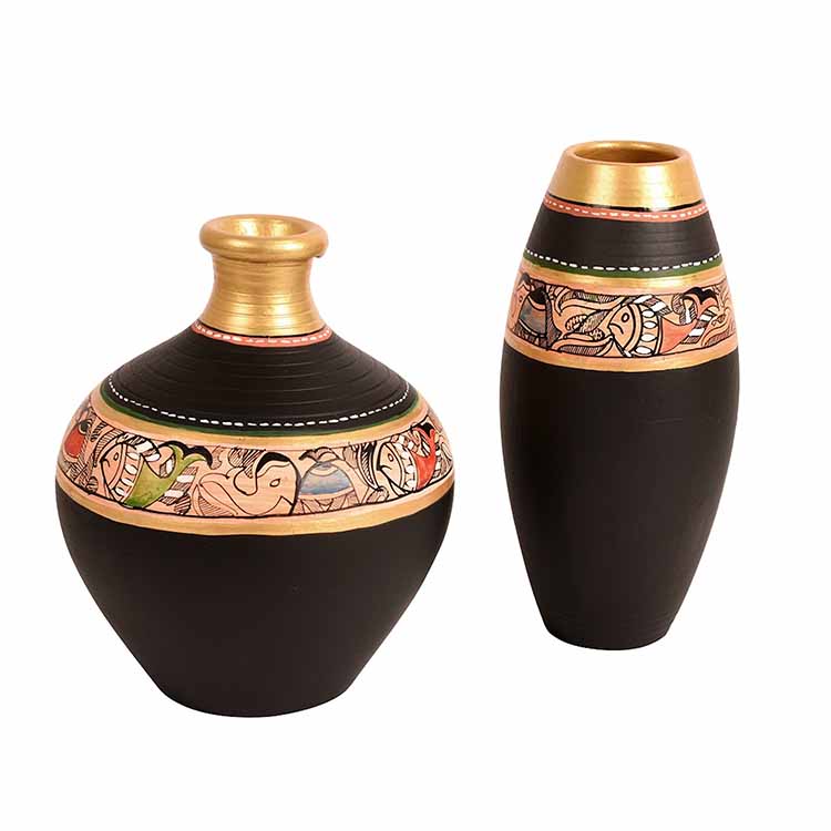 Vase Earthen Black Madhubani - Set of 2 (6x5/6x3") - Decor & Living - 3