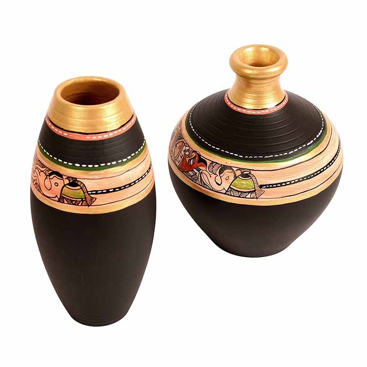 Vase Earthen Black Madhubani - Set of 2 (6x5/6x3") - Decor & Living - 2
