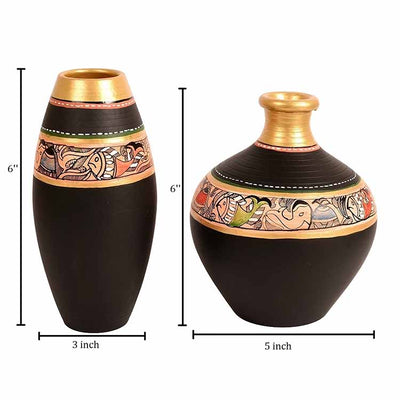 Vase Earthen Black Madhubani - Set of 2 (6x5/6x3") - Decor & Living - 4