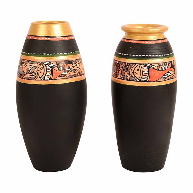 Vase Earthen Black Madhubani - Set of 2 (6.4x3/6x3") - Decor & Living - 3