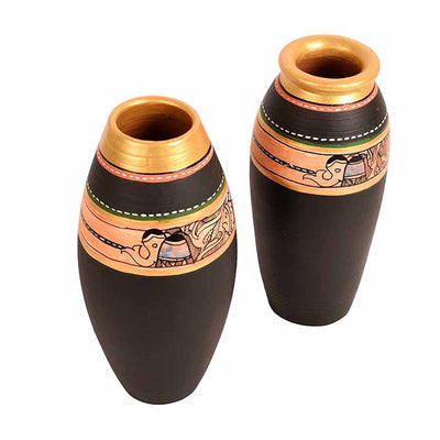 Vase Earthen Black Madhubani - Set of 2 (6.4x3/6x3") - Decor & Living - 2