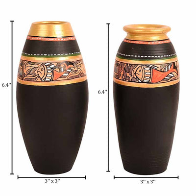 Vase Earthen Black Madhubani - Set of 2 (6.4x3/6x3") - Decor & Living - 4