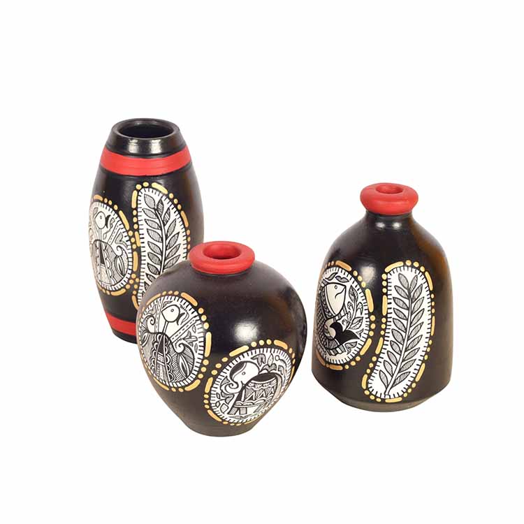 Black Warli Terracotta Miniature Decor Vases (A) - Decor & Living - 2