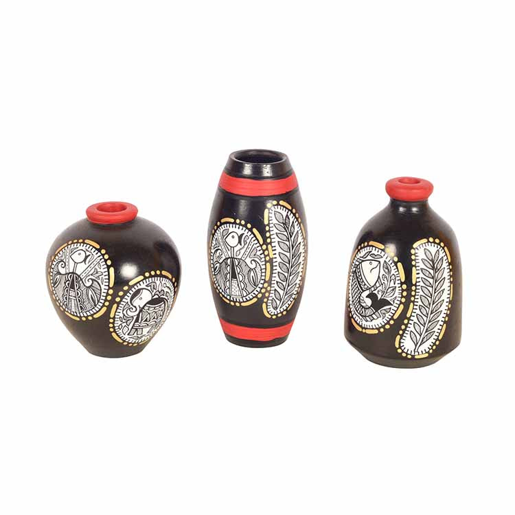 Black Warli Terracotta Miniature Decor Vases (A) - Decor & Living - 3