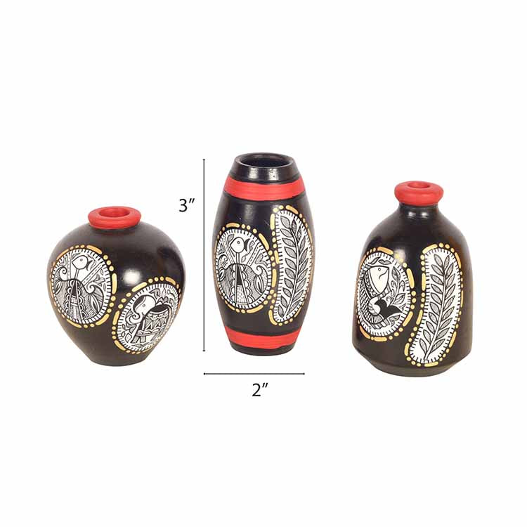 Black Warli Terracotta Miniature Decor Vases (A) - Decor & Living - 4