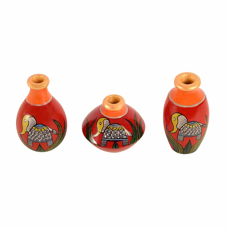 Joyful Elephants Terracotta Vase - Set of 3 (Red) - Decor & Living - 2