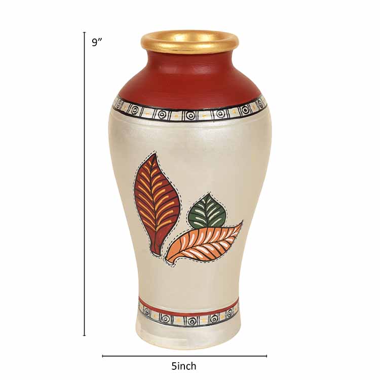 Silver Bloom Earthen Vase Handpainted in Tribal Art (9x5") - Decor & Living - 4