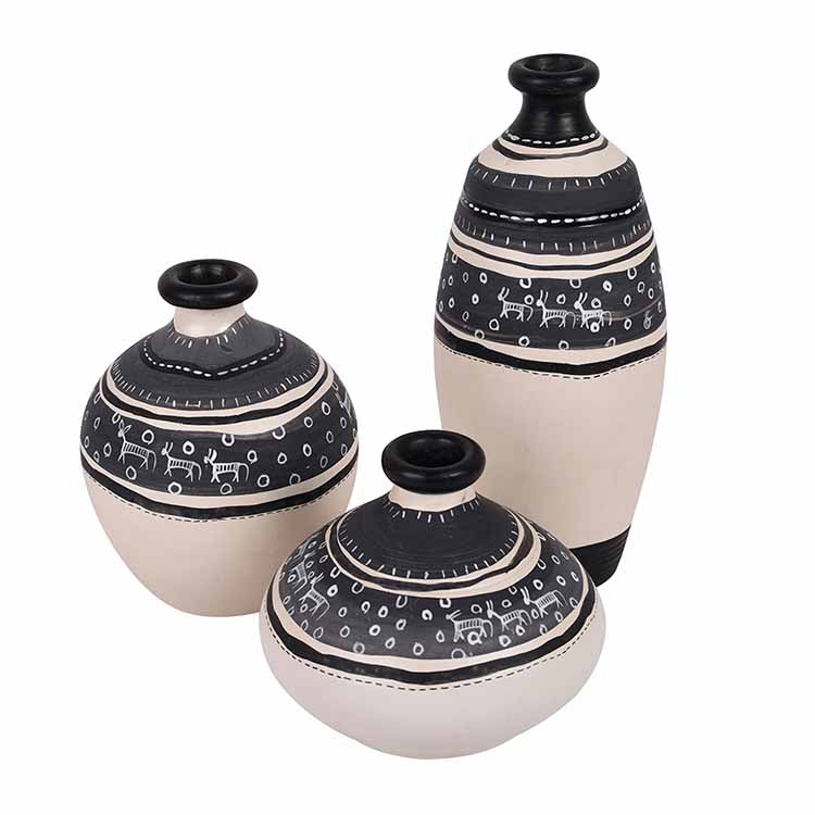 Vase Earthen White Warli - Set of 3 (5/6/3.4") - Decor & Living - 2