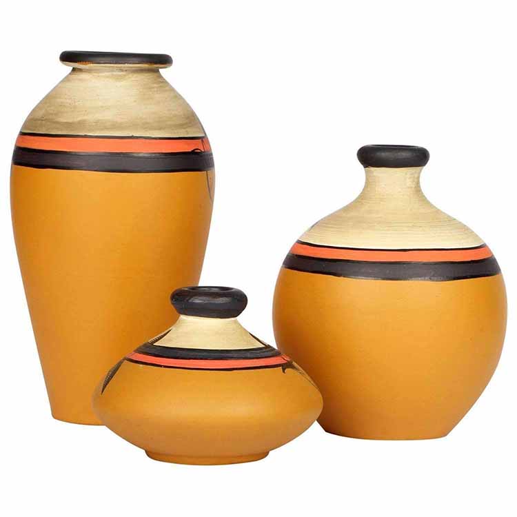 Vase Earthen Miniatures Yellow Madhubani - Set of 3 - Decor & Living - 3