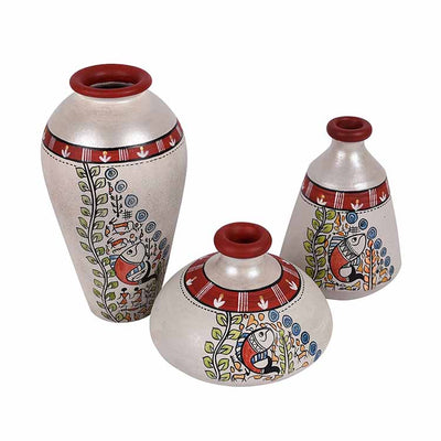 Vase Earthen Miniatures White Madhubani - Set of 3 - Decor & Living - 2