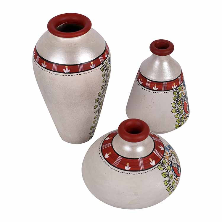 Vase Earthen Miniatures White Madhubani - Set of 3 - Decor & Living - 3