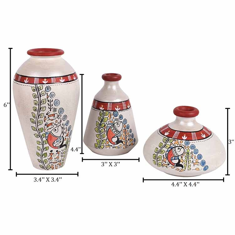 Vase Earthen Miniatures White Madhubani - Set of 3 - Decor & Living - 4