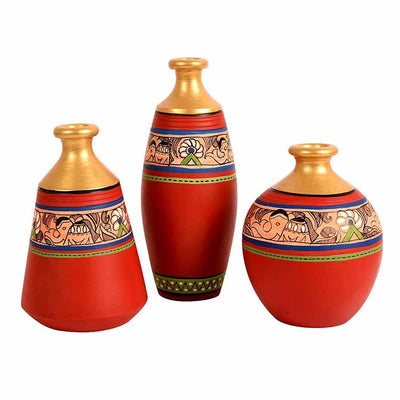 Vase Earthen Red Madhubani - Set of 3 (6/5/5") - Decor & Living - 3