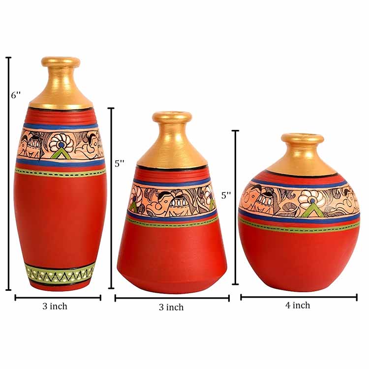 Vase Earthen Red Madhubani - Set of 3 (6/5/5") - Decor & Living - 4
