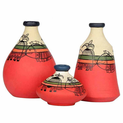 Vase Earthen Carrot Red Madhubani - Set of 3 (6.3/3/6") - Decor & Living - 2