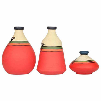 Vase Earthen Carrot Red Madhubani - Set of 3 (6.3/3/6") - Decor & Living - 3