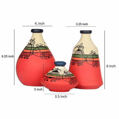 Vase Earthen Carrot Red Madhubani - Set of 3 (6.3/3/6") - Decor & Living - 4