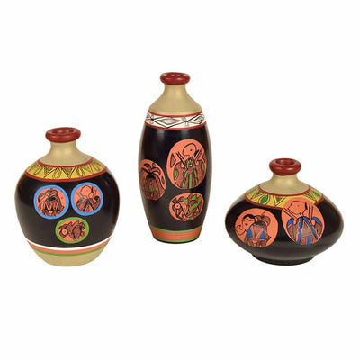 Vase Earthen Black Madhubani - Set of 3 (3.2/7/4.5") - Decor & Living - 2