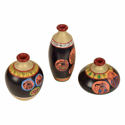 Vase Earthen Black Madhubani - Set of 3 (3.2/7/4.5") - Decor & Living - 3