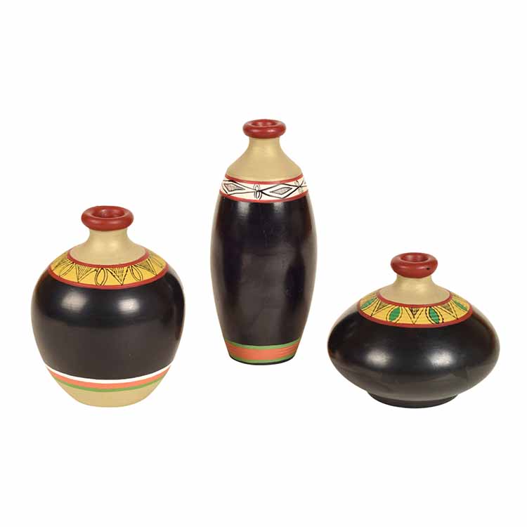 Vase Earthen Black Madhubani - Set of 3 (3.2/7/4.5") - Decor & Living - 5