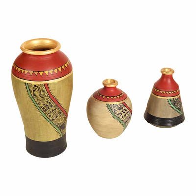 Mud Red Earthen Miniature Vases with Warli Art - Decor & Living - 3