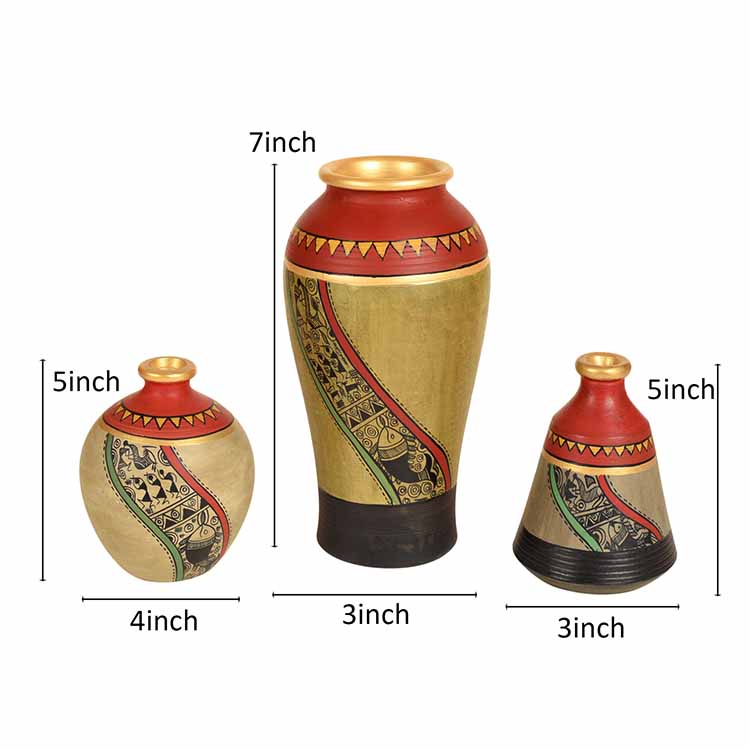 Mud Red Earthen Miniature Vases with Warli Art - Decor & Living - 4