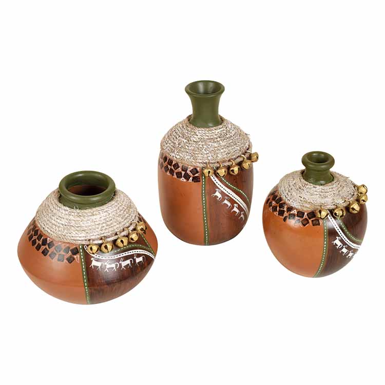 Coco-F Jute Embellished Earthen Vases in Warli Art - Decor & Living - 3