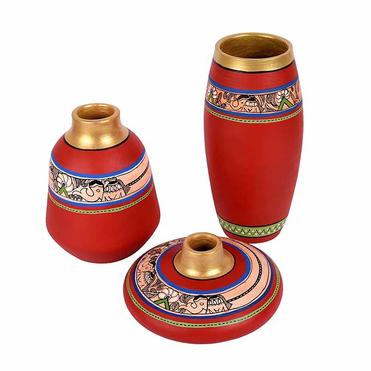 Vase Earthen Red Madhubani - Set of 3 (3.5/6.5/9") - Decor & Living - 4