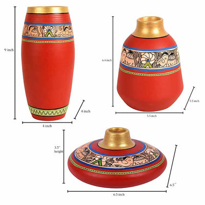 Vase Earthen Red Madhubani - Set of 3 (3.5/6.5/9") - Decor & Living - 5