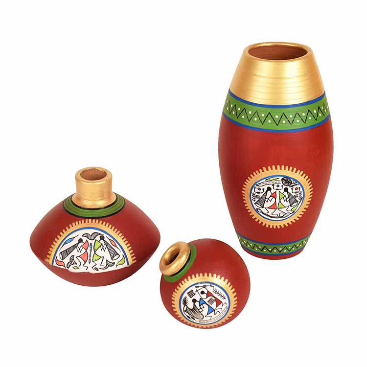 Rustic Warli Vases - Set of 3 in Red - Decor & Living - 3