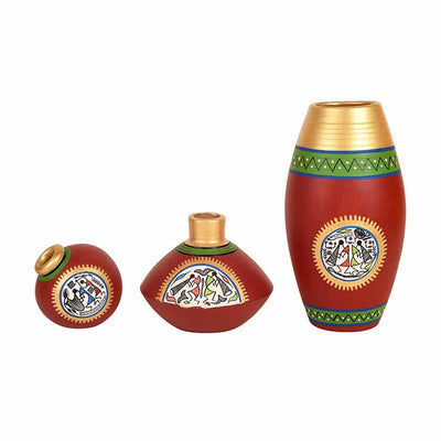 Rustic Warli Vases - Set of 3 in Red - Decor & Living - 5