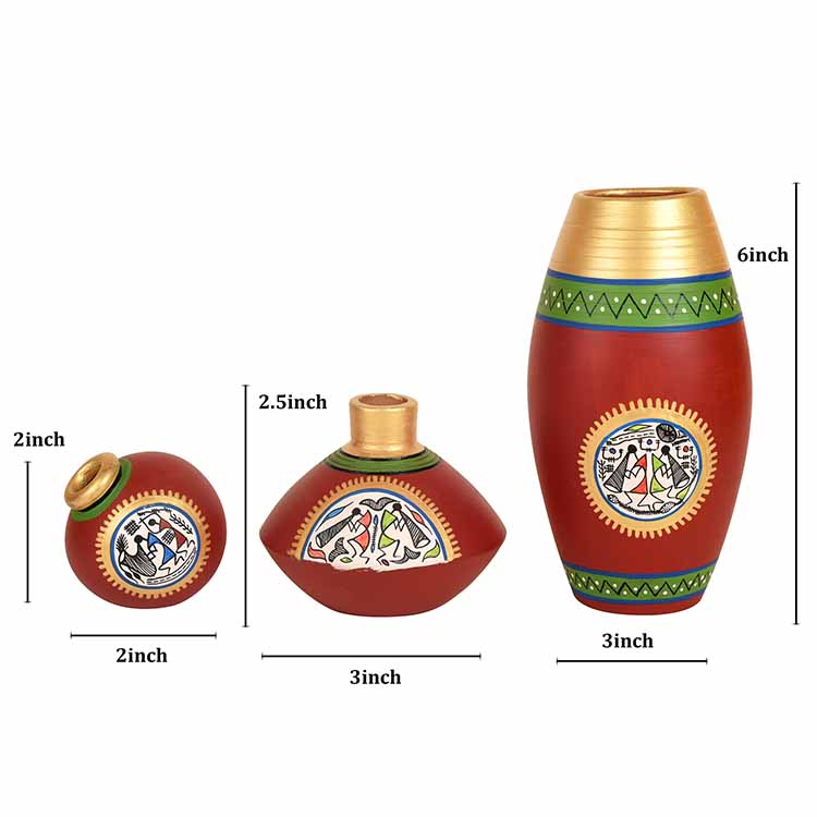 Rustic Warli Vases - Set of 3 in Red - Decor & Living - 4