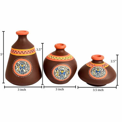 Vase Earthen Miniatures Brown Warli - Set of 3 - Decor & Living - 4