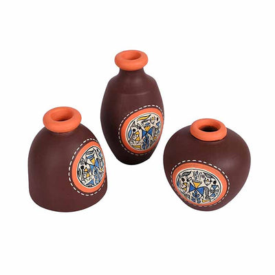 Vase Earthen Miniatures Brown Warli - Set of 3 - Decor & Living - 3