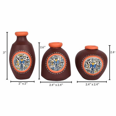 Vase Earthen Miniatures Brown Warli - Set of 3 - Decor & Living - 4
