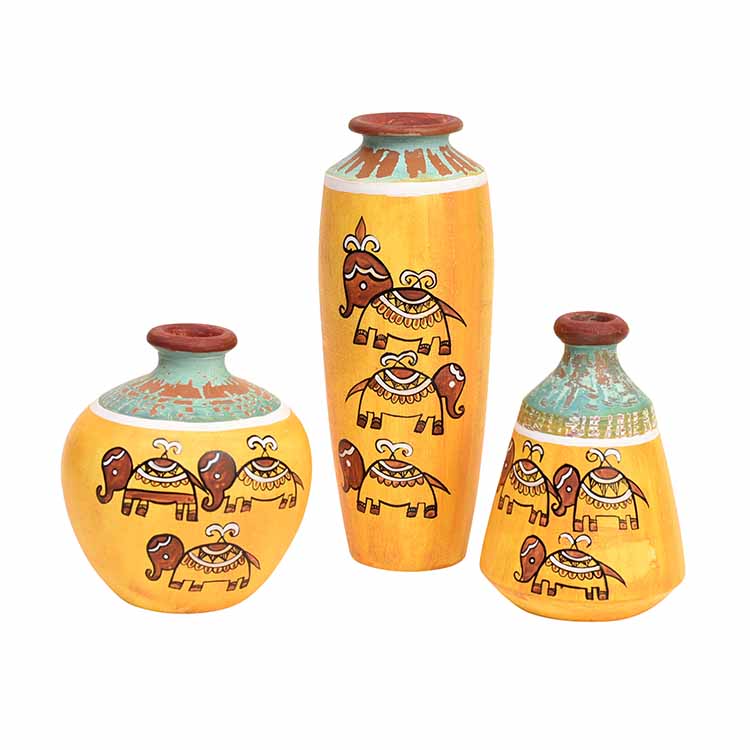 Happy Elephant Scratched Yellow Vase - Set of 3 - Decor & Living - 2