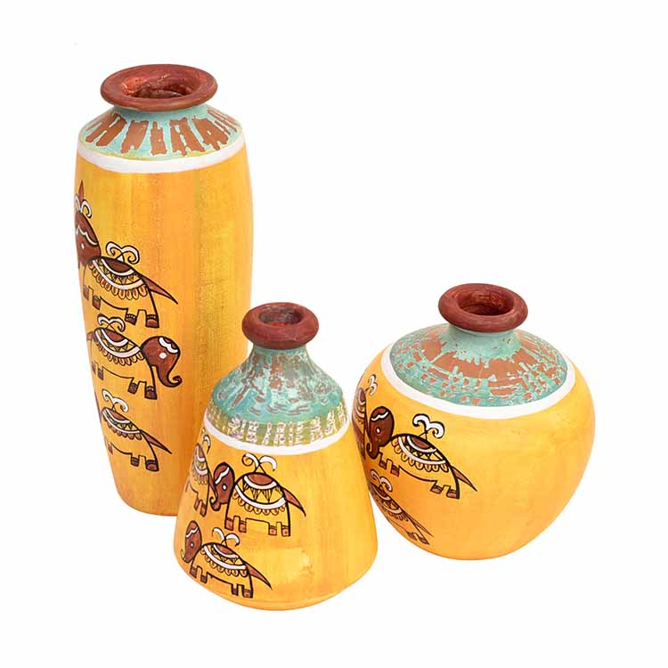 Happy Elephant Scratched Yellow Vase - Set of 3 - Decor & Living - 3