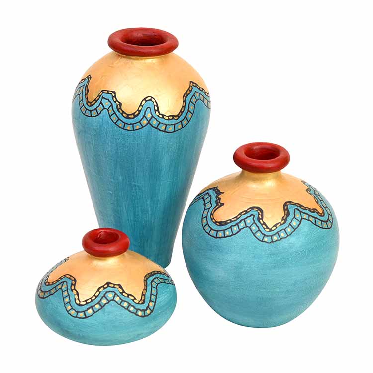 Turquoise Blue Golden Glaze Vase - Set of 3 - Decor & Living - 5