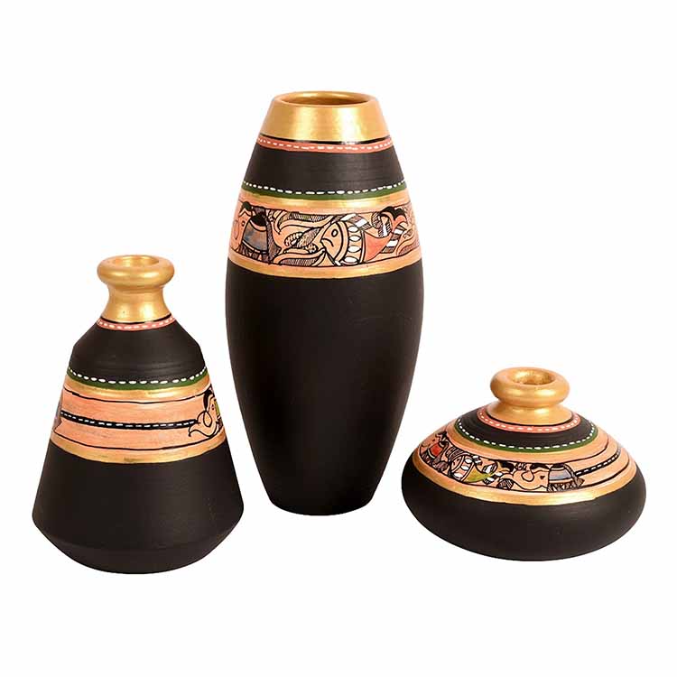 Vase Earthen Black Madhubani - Set of 3 - Decor & Living - 3