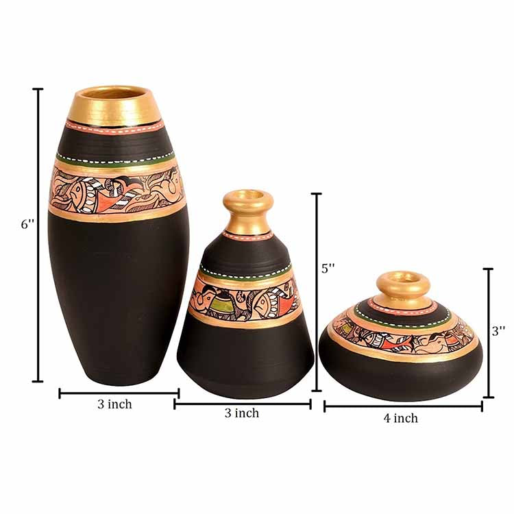 Vase Earthen Black Madhubani - Set of 3 - Decor & Living - 4