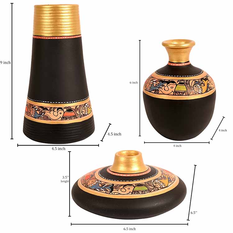 Vase Earthen Black Madhubani - Set of 3 (3.5/9/6") - Decor & Living - 5