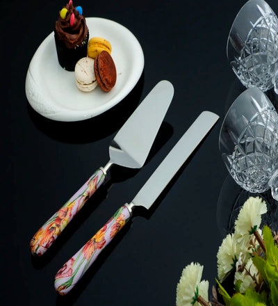 Set of 2 Purple Gladiolus Harmony Print Stainless Steel Cake Server - Dining & Kitchen - 2