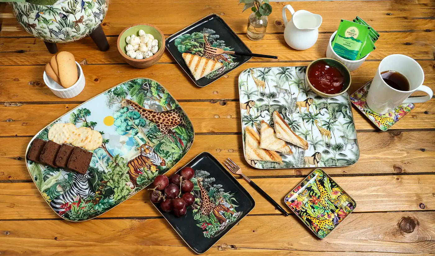 Rectangle Shaped Jungle Safari Print Metal Platter with Wooden Dip Bowl - Dining & Kitchen - 3