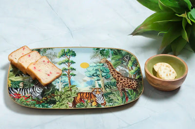 Rectangle Shaped Jungle Safari Print Metal Platter with Wooden Dip Bowl - Dining & Kitchen - 2