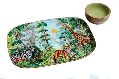 Rectangle Shaped Jungle Safari Print Metal Platter with Wooden Dip Bowl - Dining & Kitchen - 4