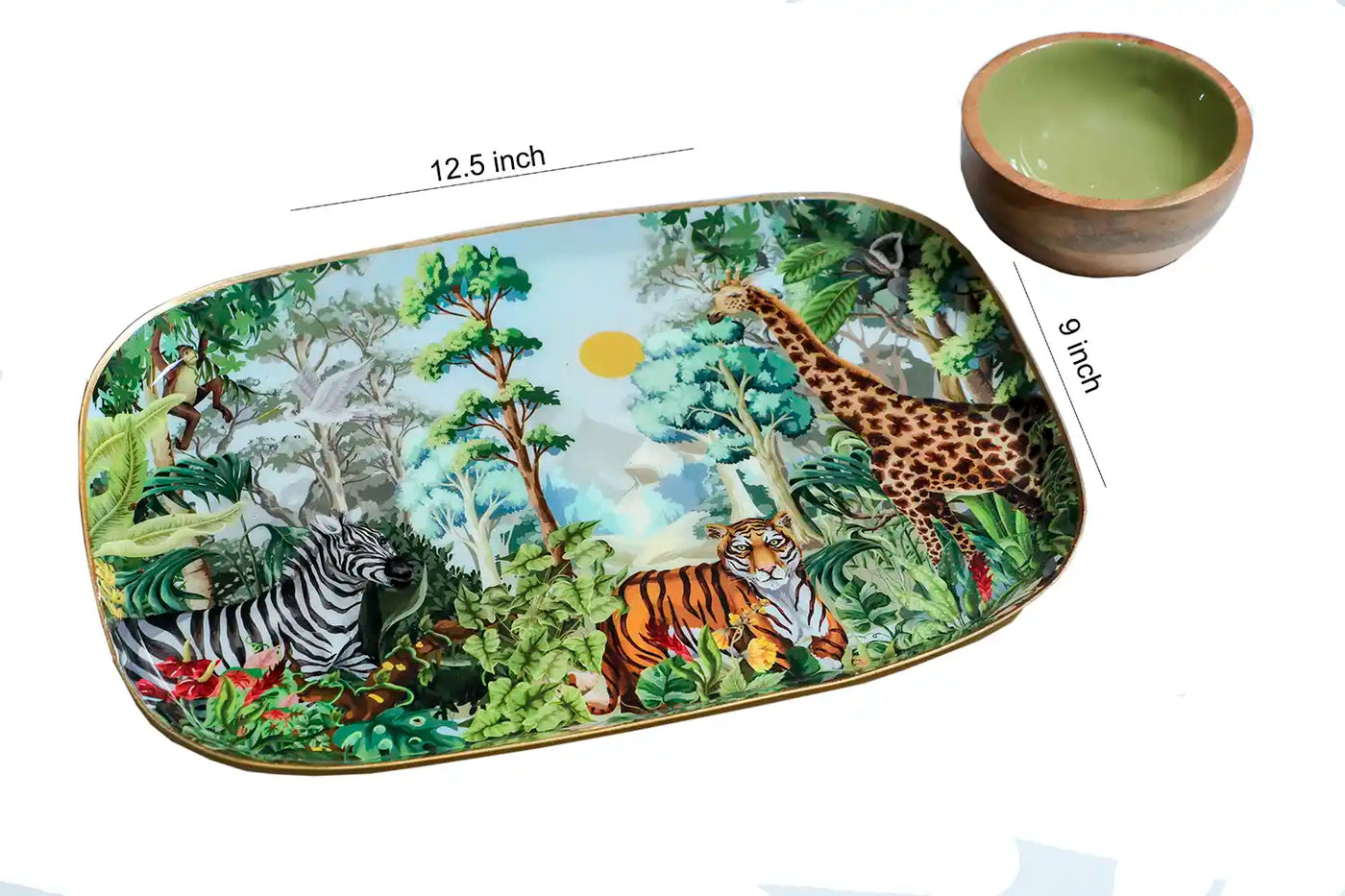 Rectangle Shaped Jungle Safari Print Metal Platter with Wooden Dip Bowl - Dining & Kitchen - 5