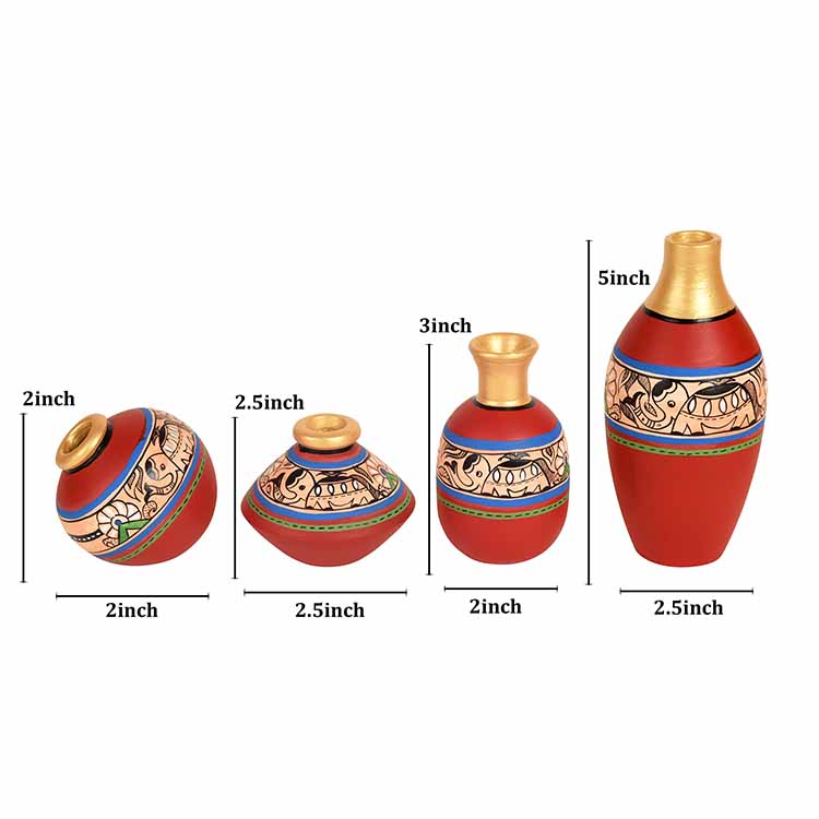 Rustic Madhubani Vases - Set of 4 in Red - Decor & Living - 4