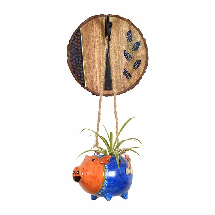 Blue Pig Earthen Planter on a Round Wall Hook - Decor & Living - 2