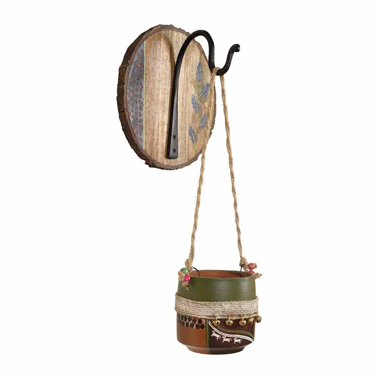Jute Embellished Brown Earthen Planter on a Round Wall Hook - Decor & Living - 3